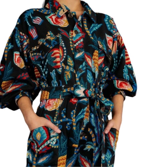 FARM Rio Pants - Farm Rio Floral Patterned Denim Jumpsuit